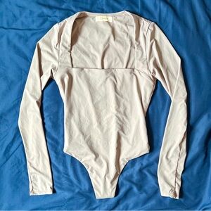 Long Sleeve Mauve Activewear One Piece Bodysuit, Square Neckline, Women’s Small